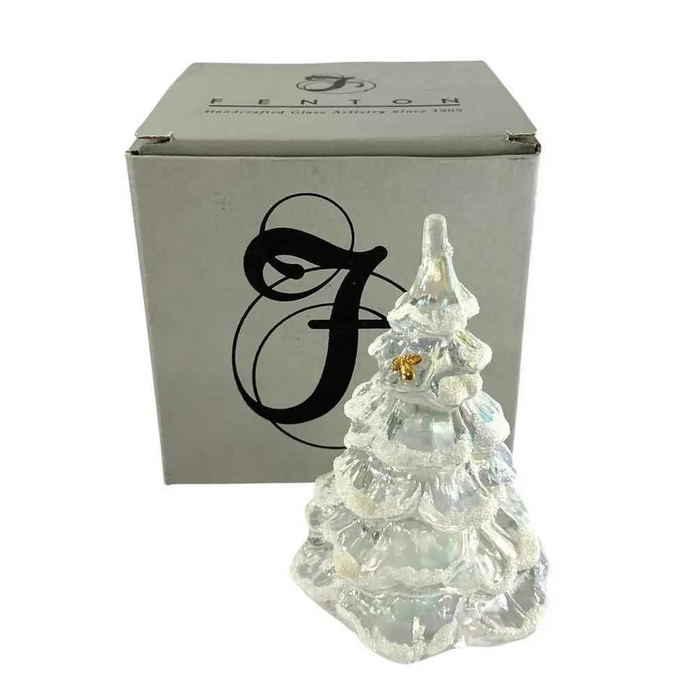 Fenton Art Glass Iridescent Christmas Tree Figurine Gold Accent 6” READ